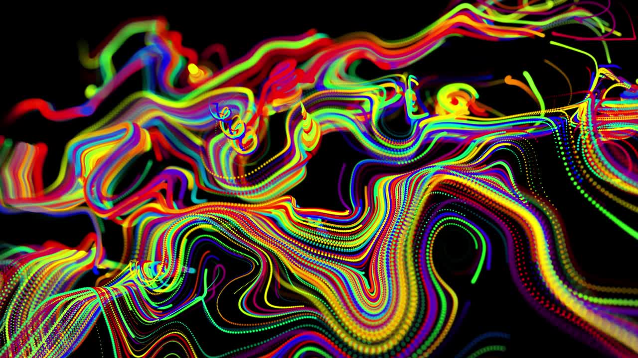 el flujo de partículas forma líneas rizadas como rastros de brillo de diferentes colores, las líneas forman un patrón giratorio como ruido de rizado. abstracto 3d bucle de flujo de animación como fondo festivo creativo brillante