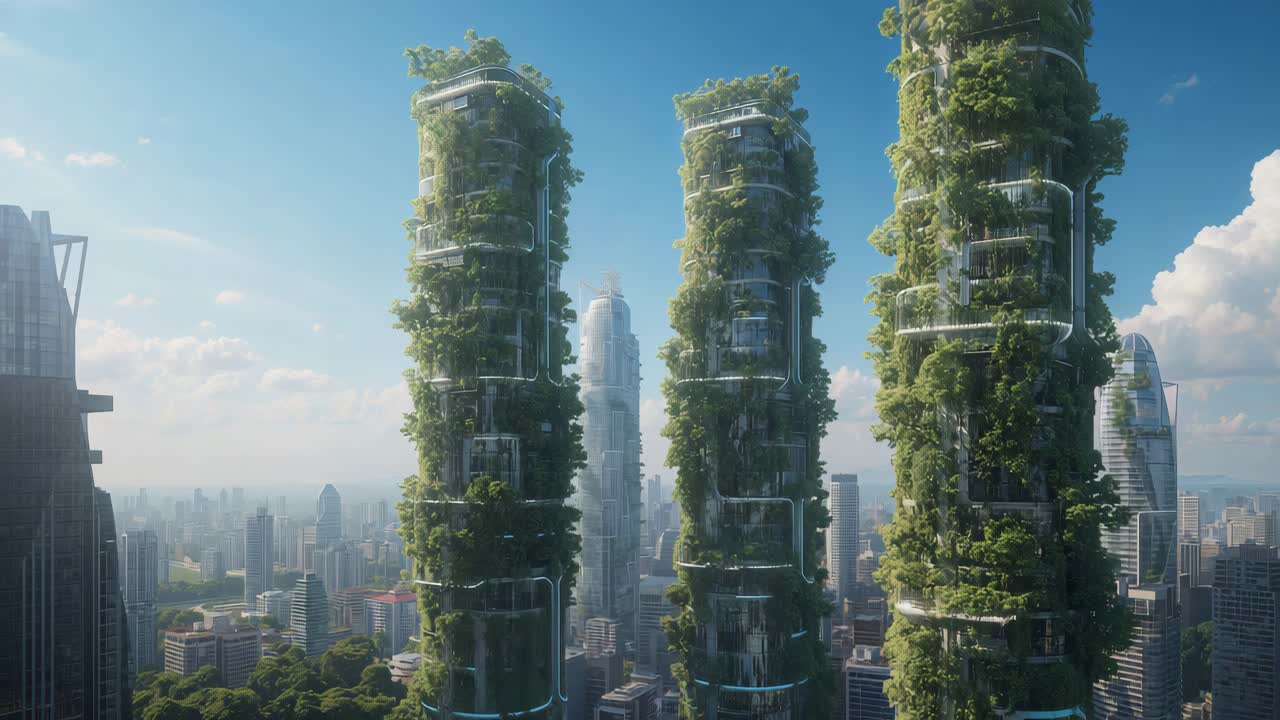 Futuristic Green Cityscape with Sustainable Buildings