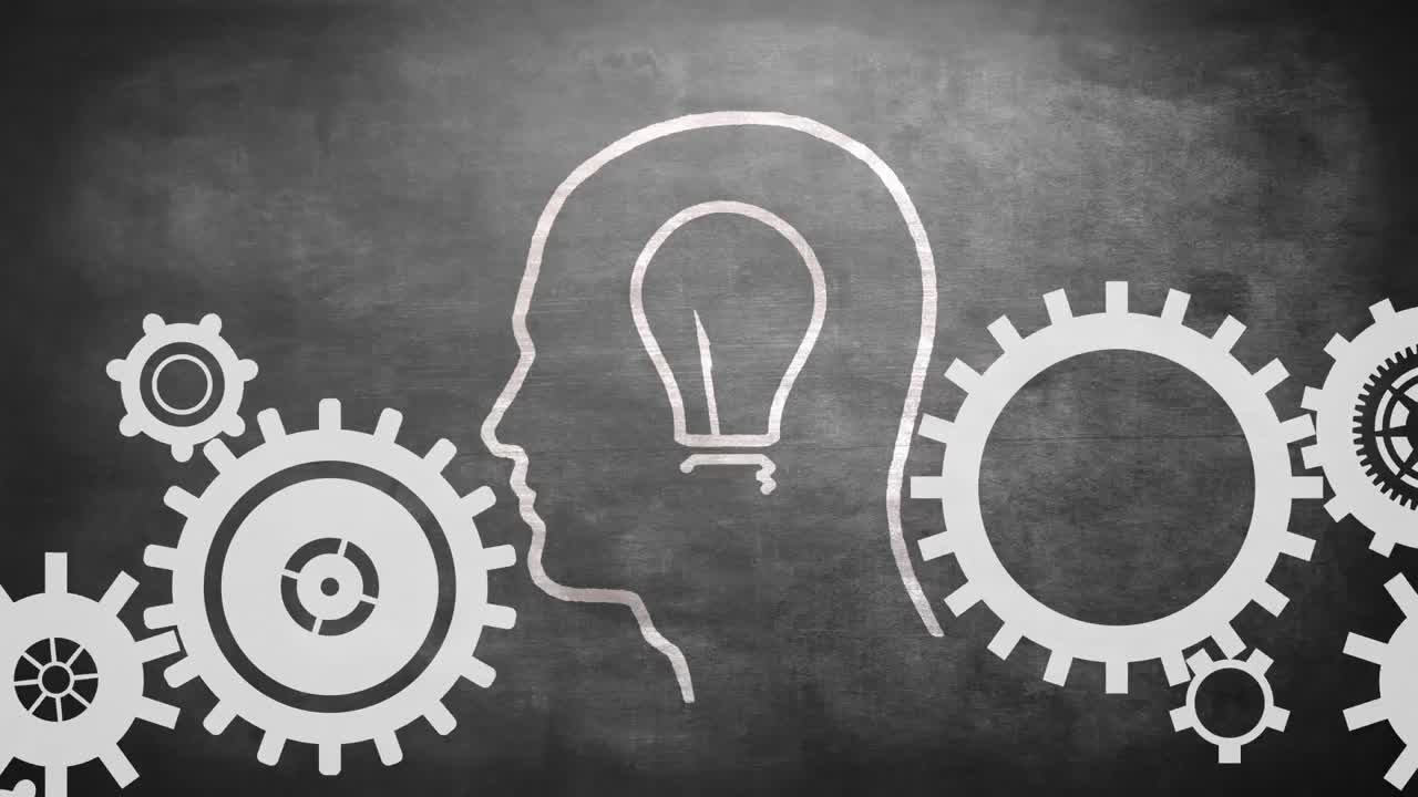 perfil de hombre con bombilla y engranajes