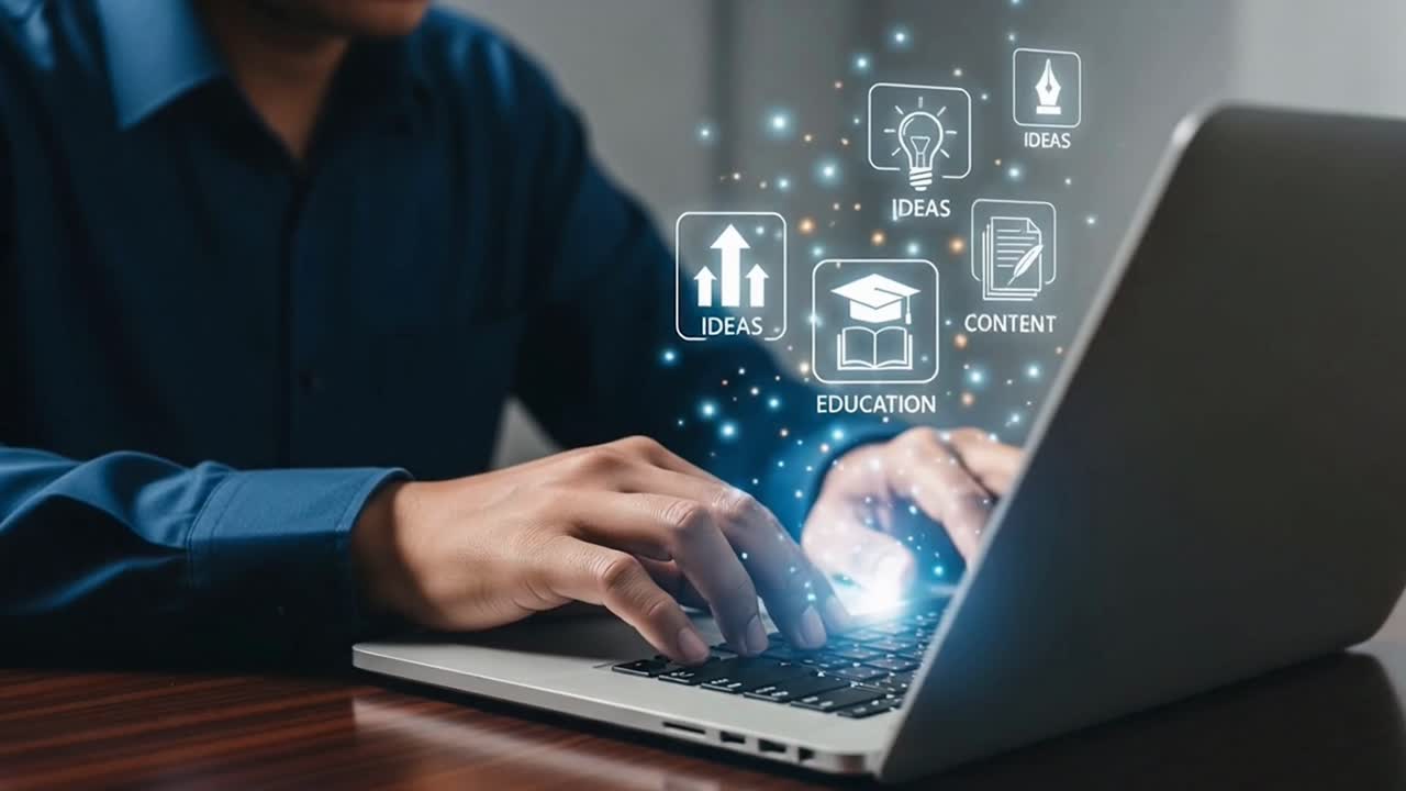 A man is typing on a laptop with a screen that has a lot of icons and words