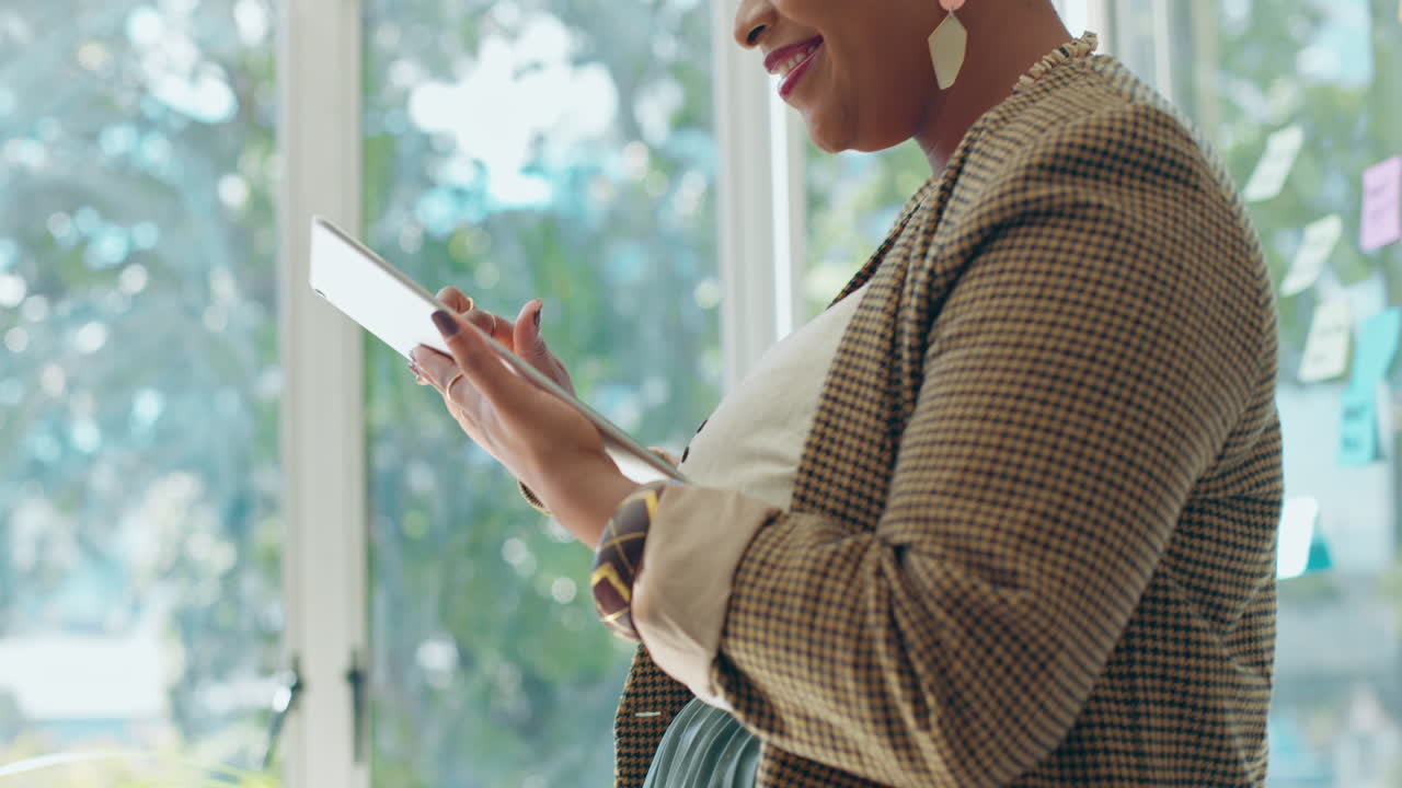 Business woman, tablet scroll and funny meme