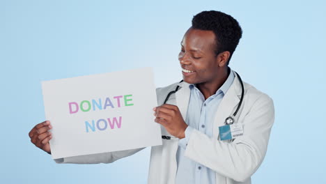 Happy-black-man,-doctor-and-sign-for-donation