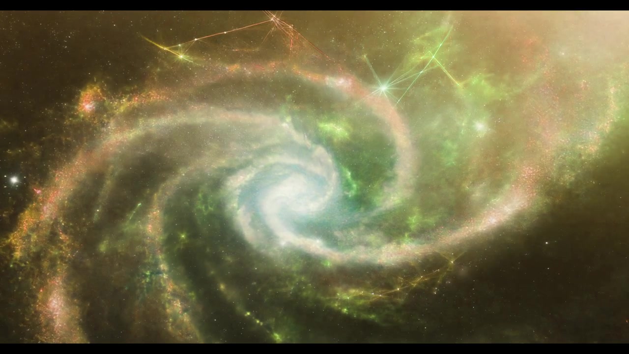 Splendida Galassia a Spirale con Nebulosa Verde Luminosa e Stelle