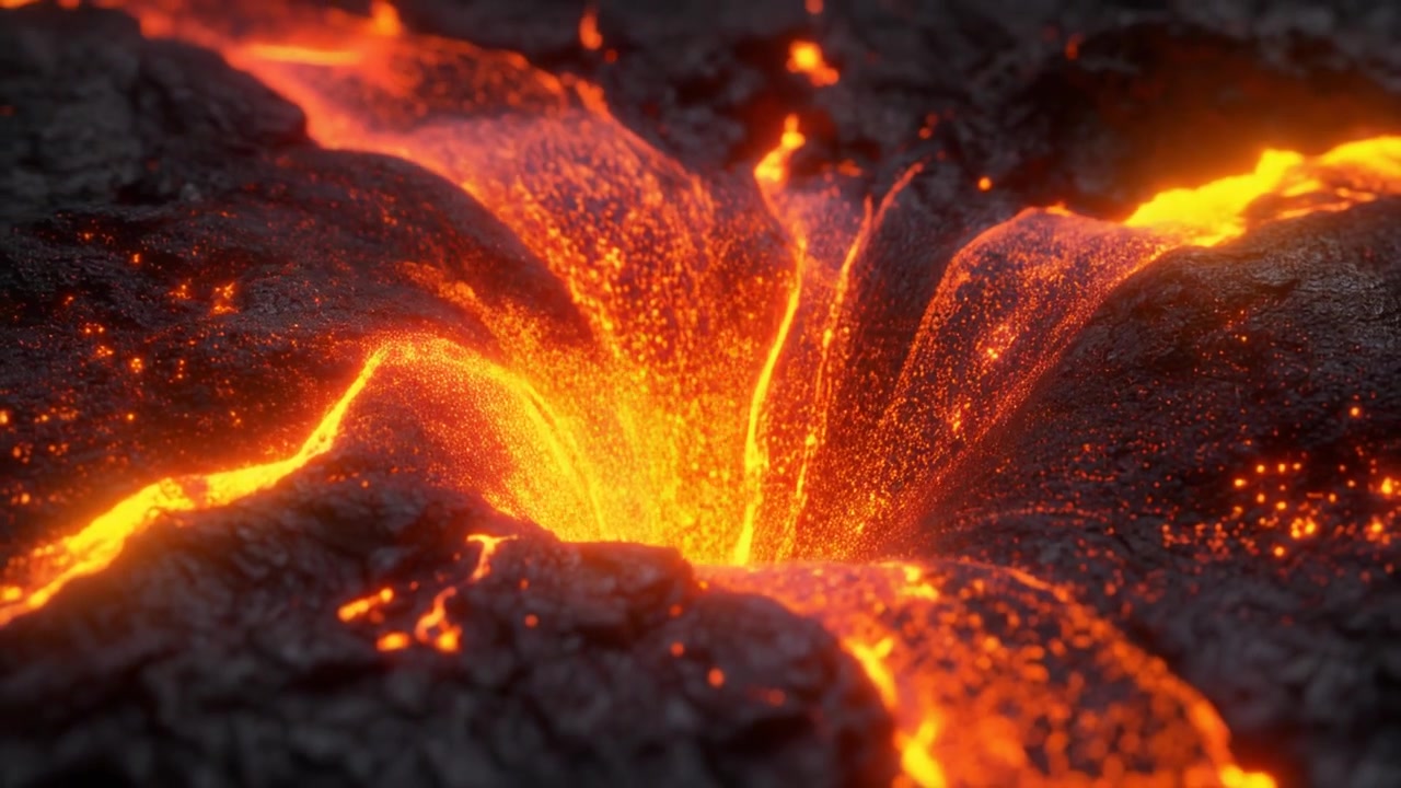 La lava fusa scorre in un cratere vulcanico