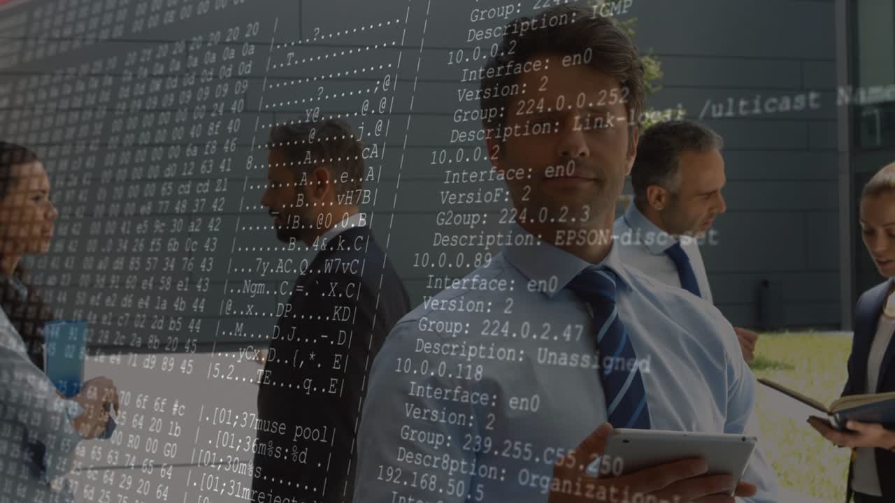Center man tapping tablet initiating scrolling network scan overlay while team reading documents