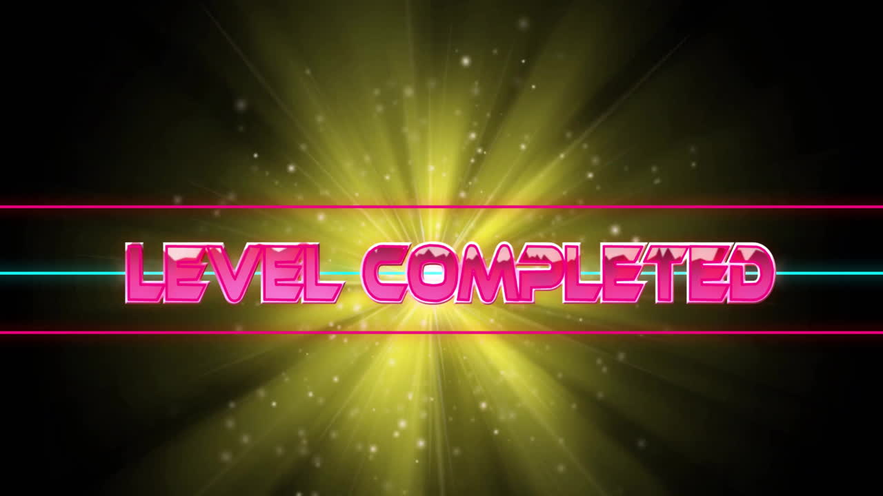 네온 패턴 배경 위에 레벨 완료 텍스트의 애니메이션