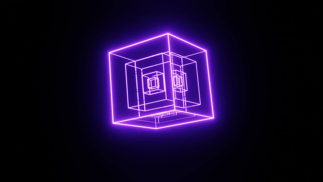 원활한 모션 루프 회전 큐빅 박동 및 반사 프레임 네온 밝은 보라색 가장자리