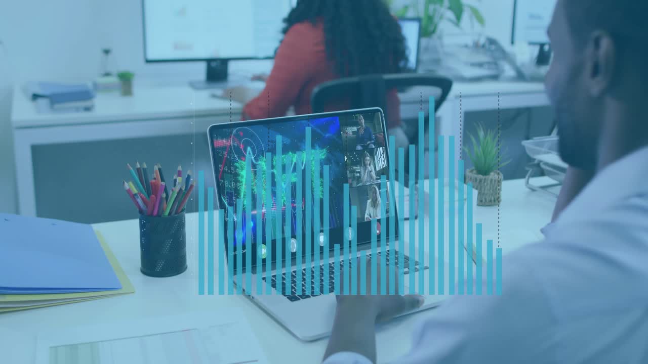 Business user tapping trackpad, animating bar chart growing stabilizing for tracking data trends