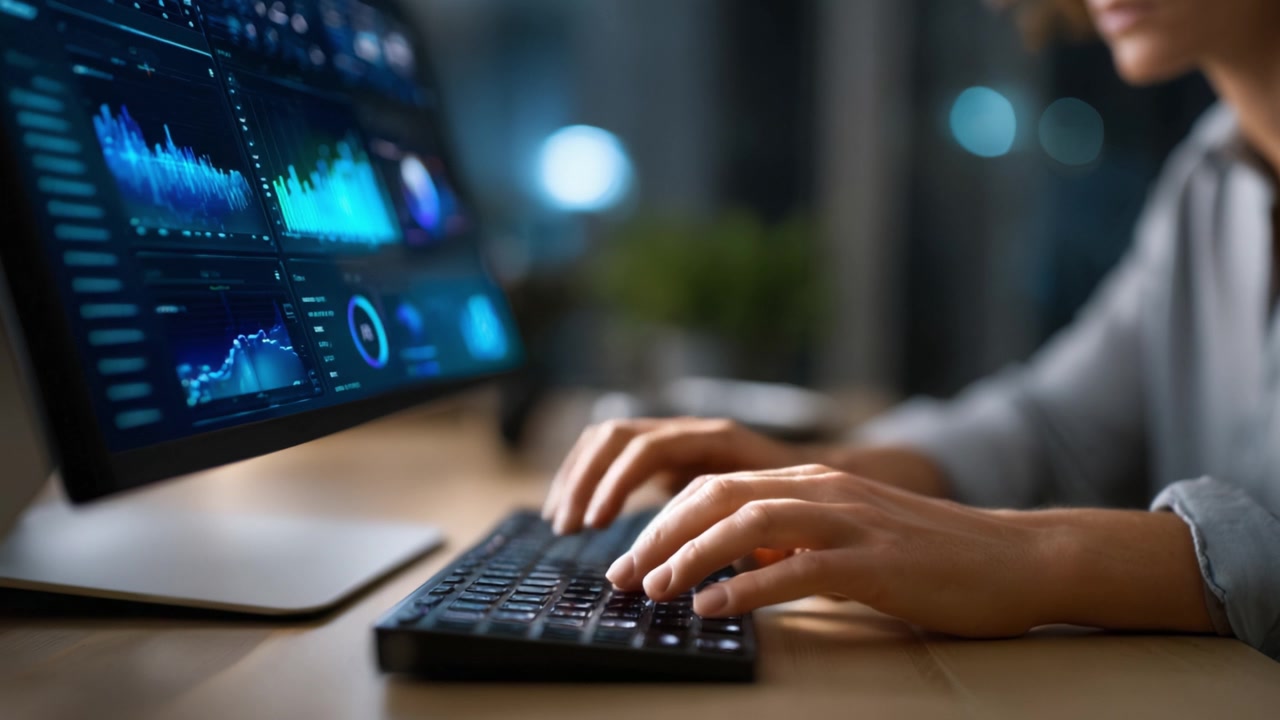 Analyzing Data Trends: A Focused Individual Engaged in Data Visualization and Analytics on a Computer Displaying Graphs in a Modern Workspace Setup