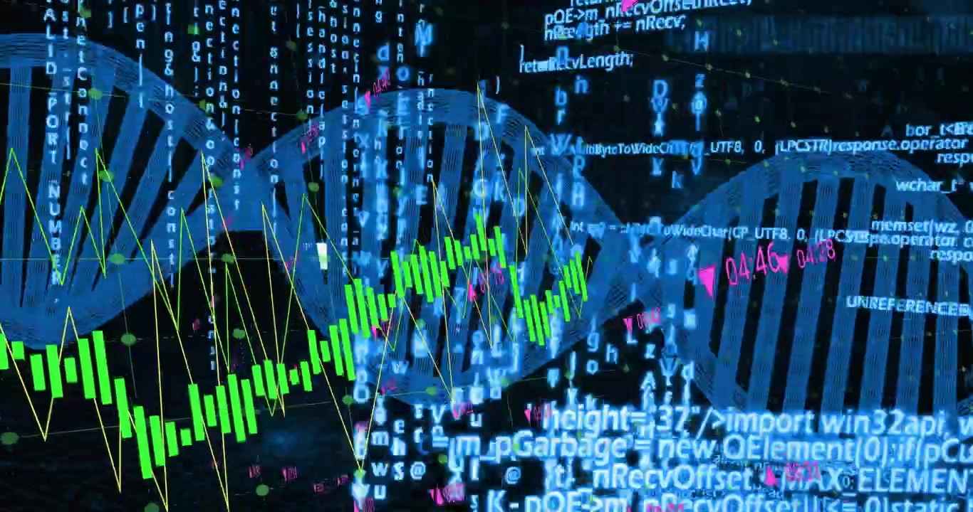 Opening initiating rotating DNA helix varying green bars pulsing yellow line showing genetic trends