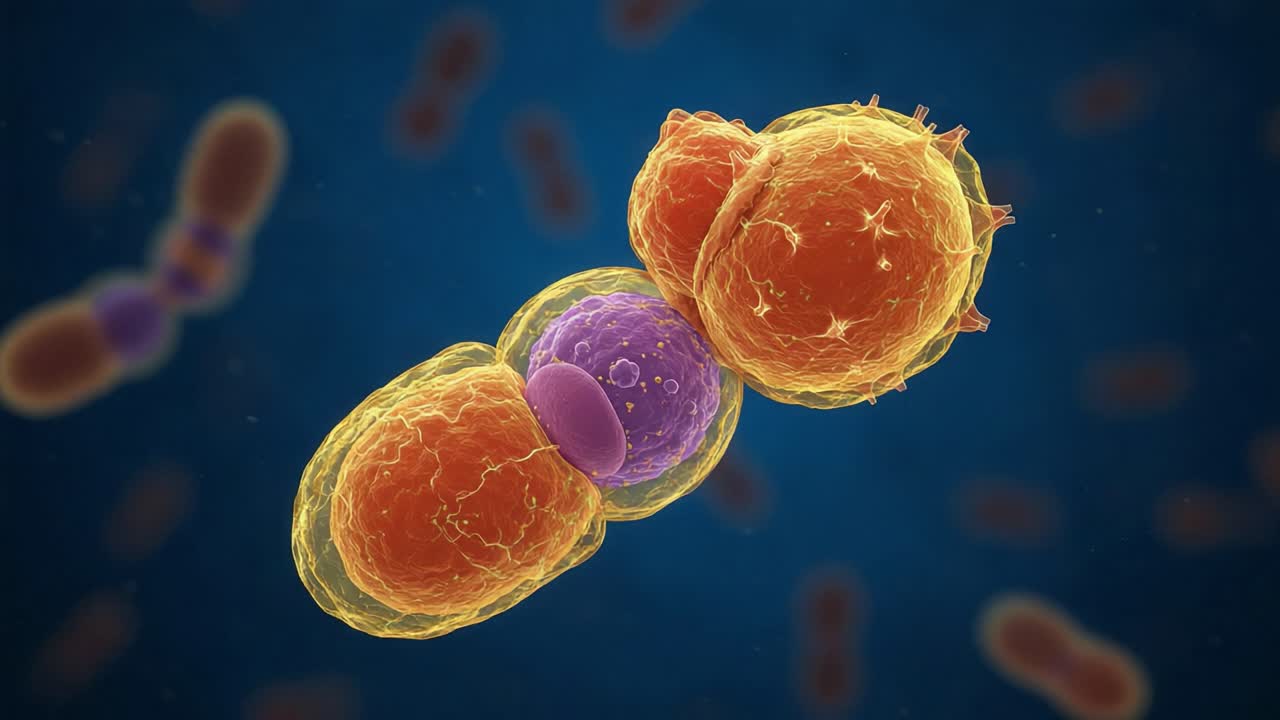 Intricate Cellular Interaction: A Close-Up of Two Cells Merging in a Dynamic Biological Environment, Showcasing Their Unique Structures and Interconnections