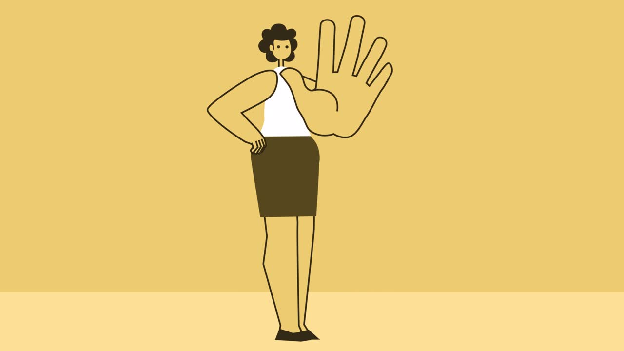 Personaggio femminile piatto in stile giallo con gesto della mano di stop. Animazione in loop isolata con canale alfa.