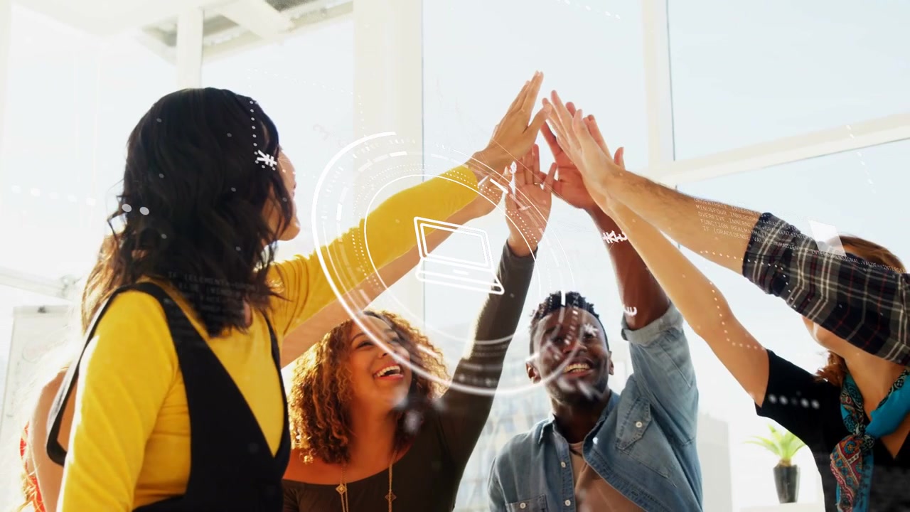 Woman in yellow raising arm, team joining, HUD laptop icon aligning with high-five for business win