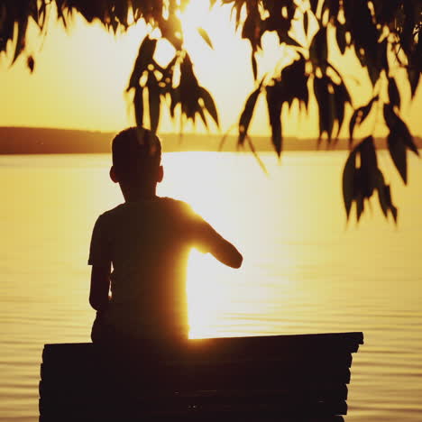 small boy is sitting on a wooden dock at the river in the evening. photo of a boy at sunset looking on the river and trying to find somebody or something in summer