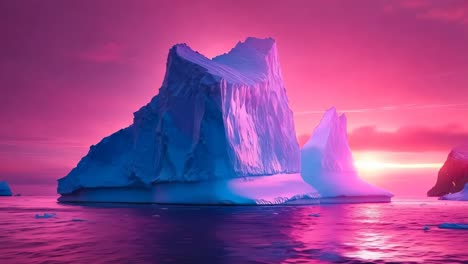 an iceberg floating in the ocean at sunset