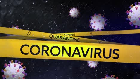 cintas amarillas de la policía con coronavirus, advertencia y texto de cuarentena contra las células de covid-19