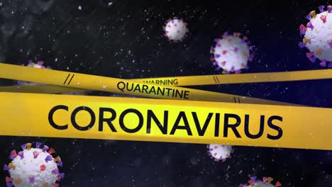 yellow police tapes with coronavirus, warning and quarantine text against covid-19 cells