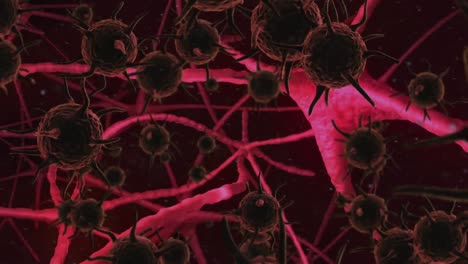 Digital animation of covid-19 cells against signals passing through neurons on black background