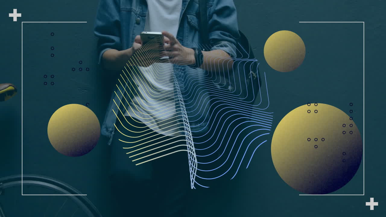 Person using smartphone with abstract wave and sphere animation overlay