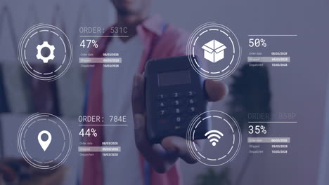 holding card reader, person checking digital order with animation overlay in store
