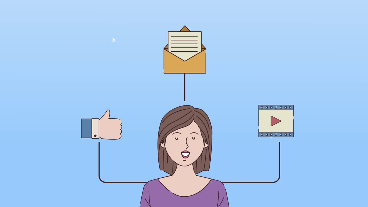 animación de trabajo digital con chica e íconos