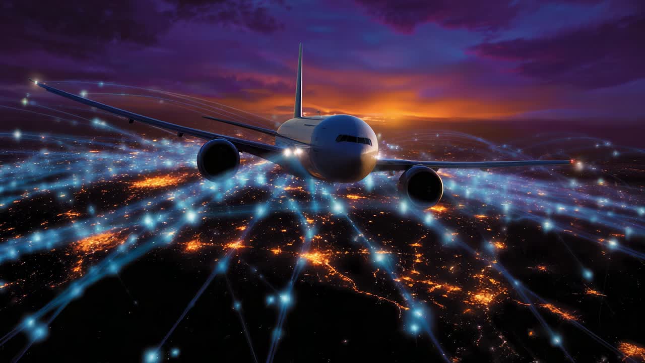 Airplane flying over a connected city at night