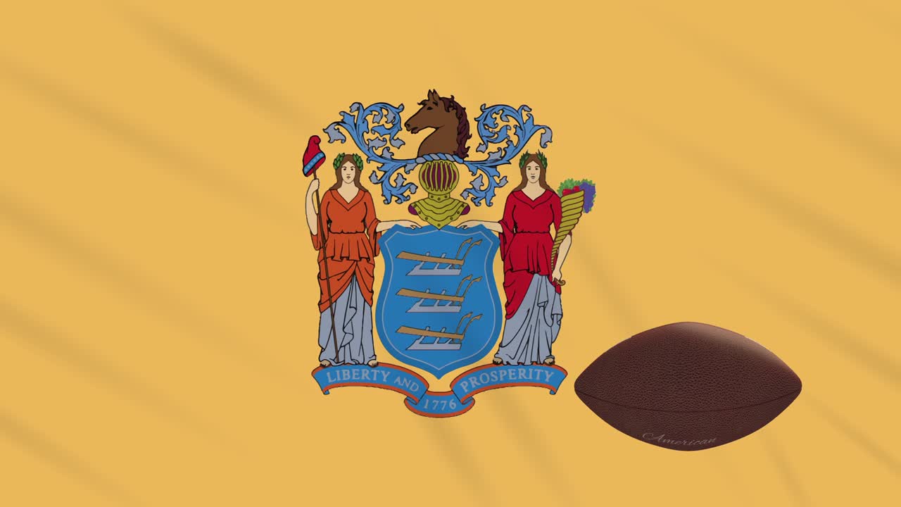 bandera de nueva jersey agitando y la pelota de fútbol americano gira, bucle