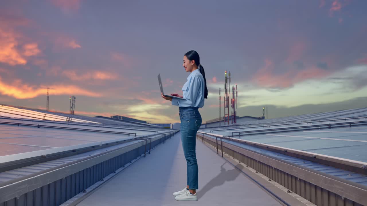 Full Body Side View Of Asian Female With Her Laptop, Inspecting Industrial Rooftop Solar Panels, Typing On Her Laptop'S Keybaord With Meditation
