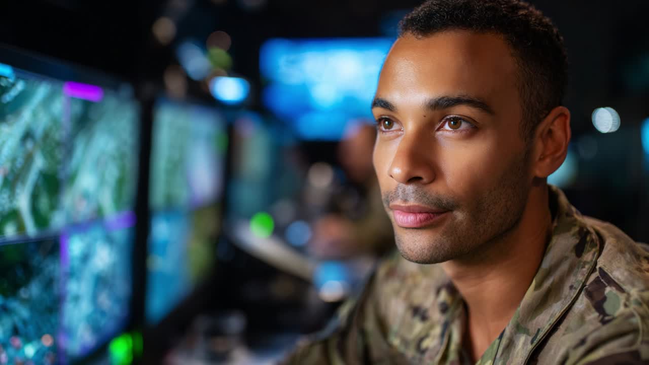Focused Military Personnel Analyzing Surveillance Data at Control Station, Engaged in Monitoring, Navigation, and Tactical Operations with Multiple High-Tech Digital Displays in a Dimly Lit Environment