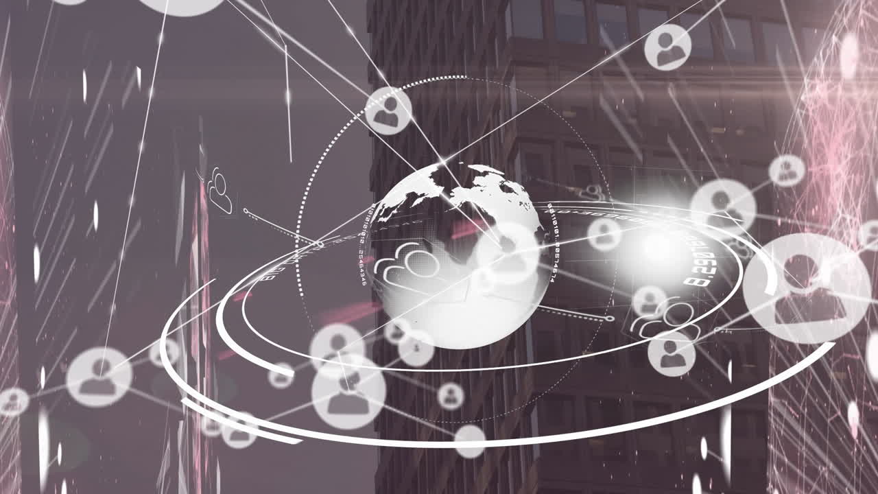 анимация сети соединений с иконами над городским ландшафтом