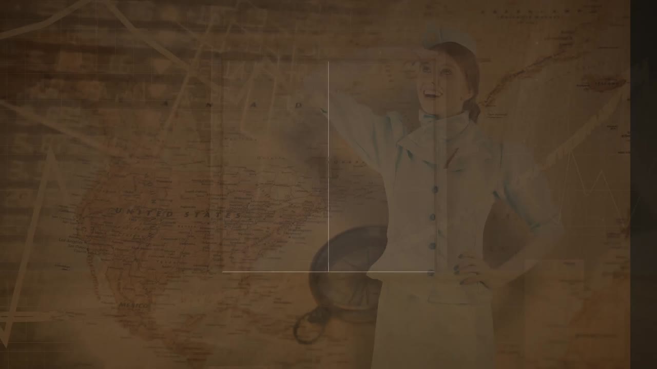 카우카스 여성과 나침반 위에서 문을 열는 애니메이션.