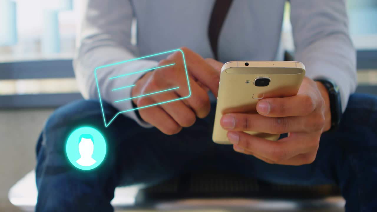 Businessman tapping phone on bench, hologram bubble popping and syncing with taps while replying