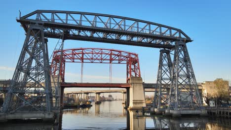 4K-Aerial-Drone-Footage-with-Low-Angle-Hovering-of-the-National-Historic-Monument-of-Argentina,-the-Puente-Transbordador-also-Known-as-Antiguo-Puente-by-Nicolás-Avellaneda