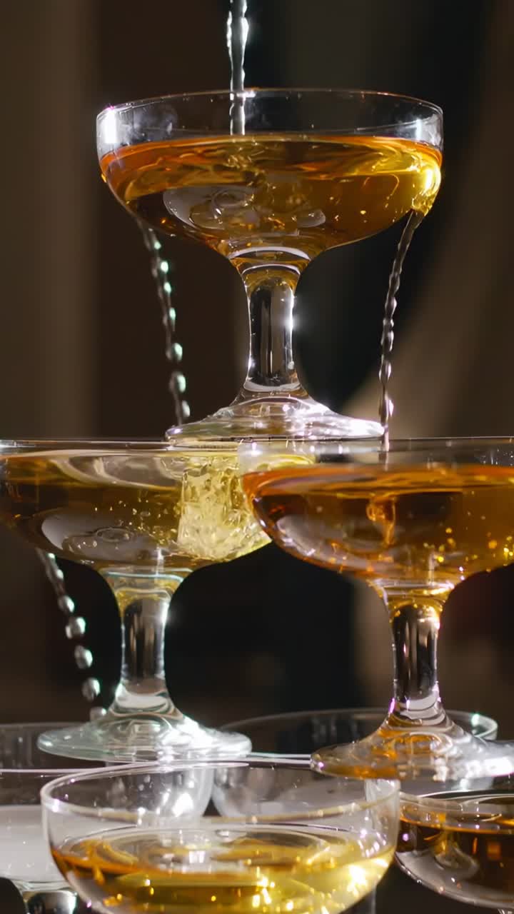 Vertical video: Pouring stream filling top coupe on tabletop, cascading into middle bottom coupes