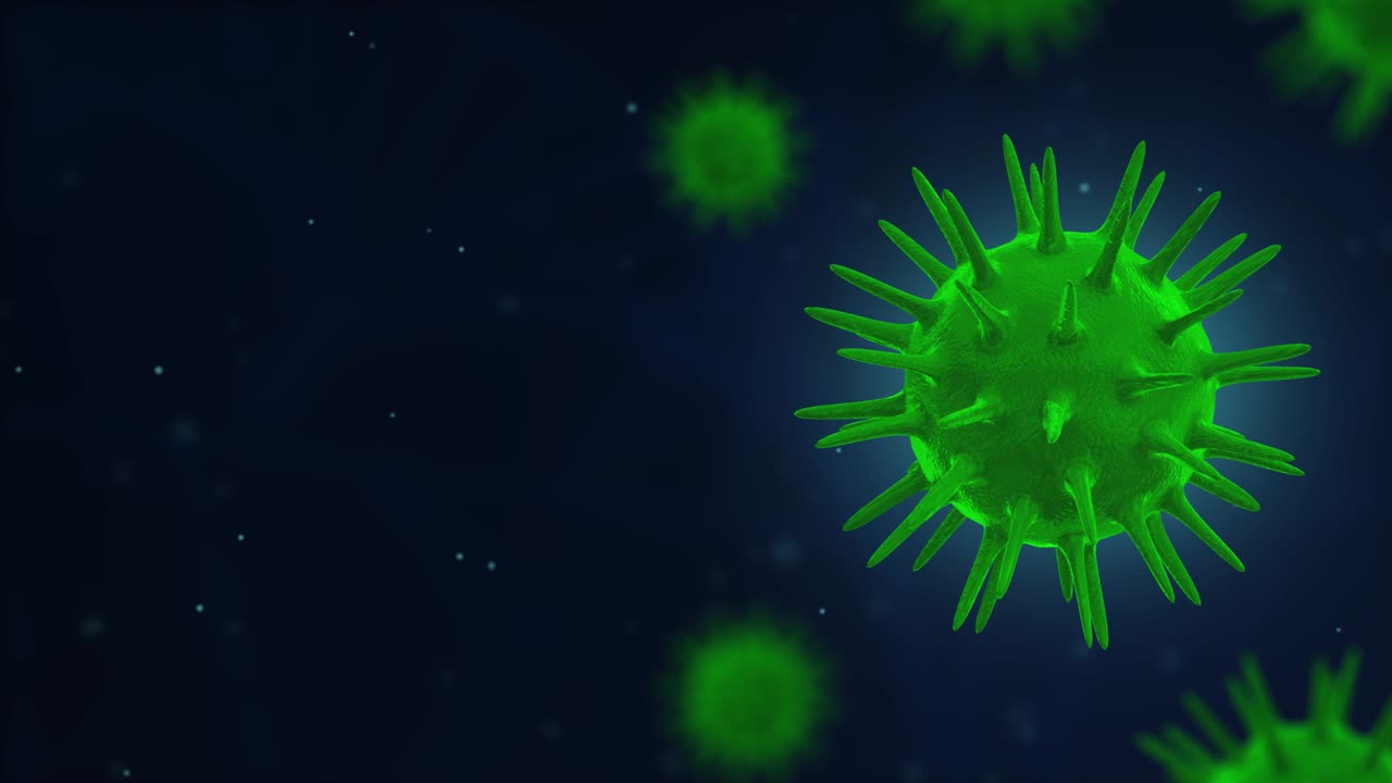 COVID-19 or coronavirus 2019 Corona virus 3d Loop Animation. 3D animation of the virus on the dark red Blue and green background, Green Screen Background