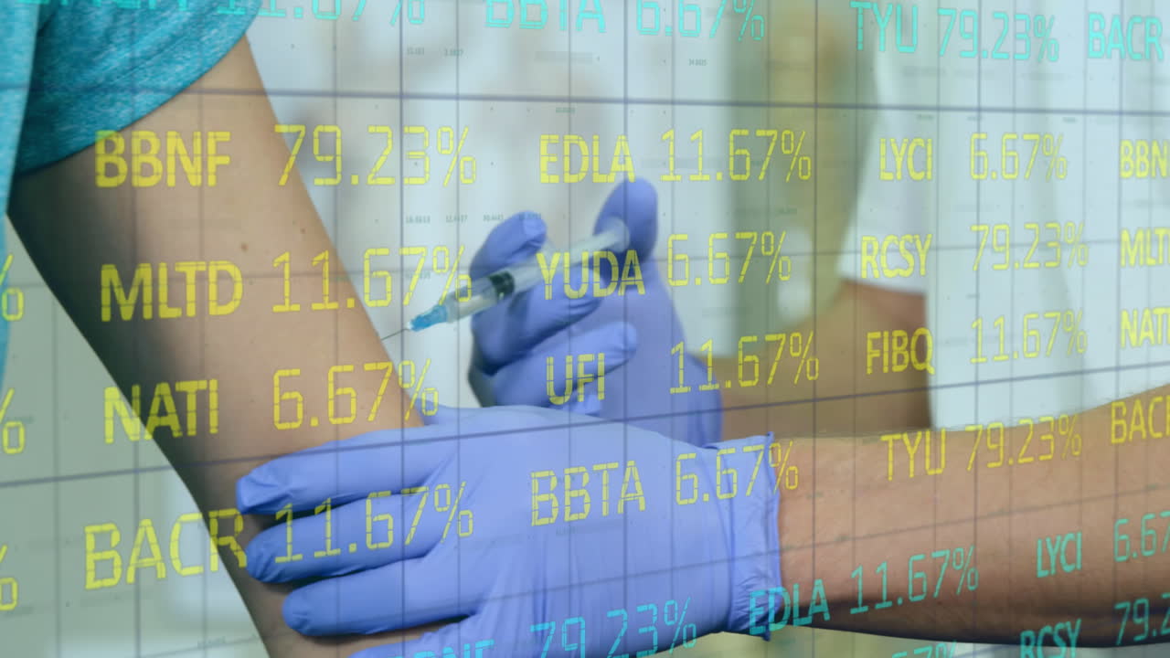 주식 시장 데이터 처리는 여성에게 주사를 투여하는 의사의 중간 섹션에 대항합니다.