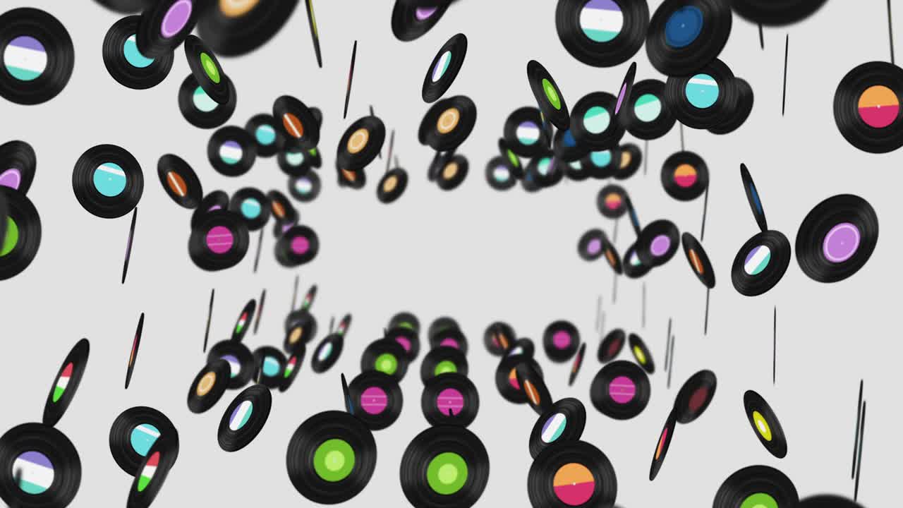 색 배경에 많은 비닐 레코드를 날아. 오래된 기술. 레트로 디자인. 음악 레코드 회전의 3d 애니메이션. 루프 애니메이션.