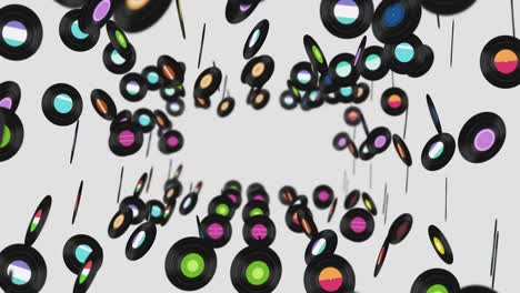 volando muchos discos de vinilo en fondo blanco. tecnología antigua. diseño retro. animación 3d de disco de música girando. animación de bucle.