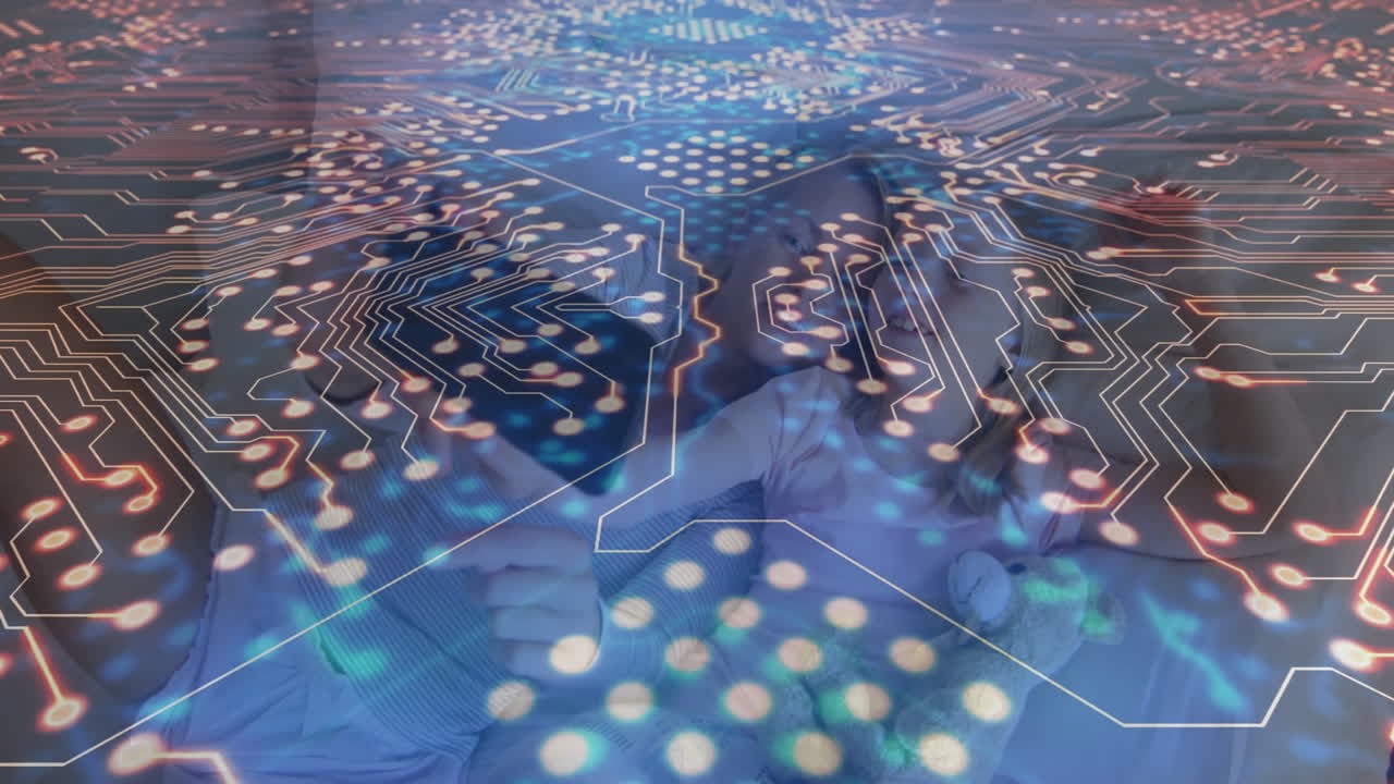 mother hugging daughter on bed, showcasing glowing circuit overlay for tech innovation theme