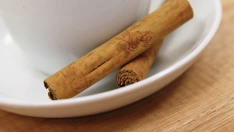 close-up of coffee cup with cinnamon sticks