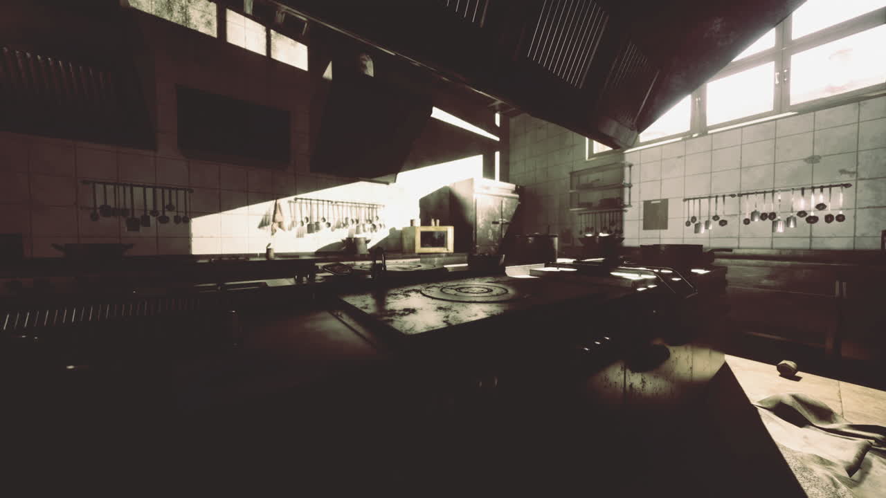 Quiet kitchen filled with sunlight and shadows during late afternoon