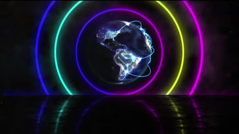 Animation-Eines-Sich-Drehenden-Globus-Mit-Neon,-Der-Im-Kreis-Geometrisch-Auf-Schwarzem-Hintergrund-Leuchtet