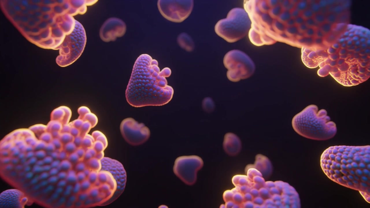 Animazione 3D astratta di organismi microscopici bioluminescenti fluttuanti
