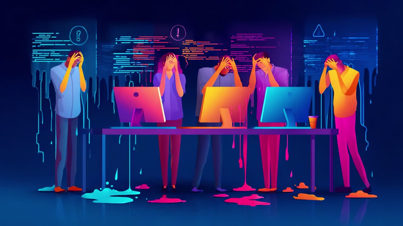 A Frustrating Digital Dilemma: Illustrating the Stress and Chaos Faced by Teams in Front of Computers, Highlighting the Emotional Turmoil of Technical Challenges in a Creative Visual Format