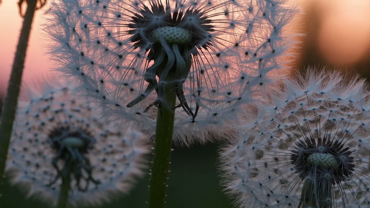 Video af mælkebøtter i nærbillede ved solnedgang, der fanger fine frø og varme nuancer