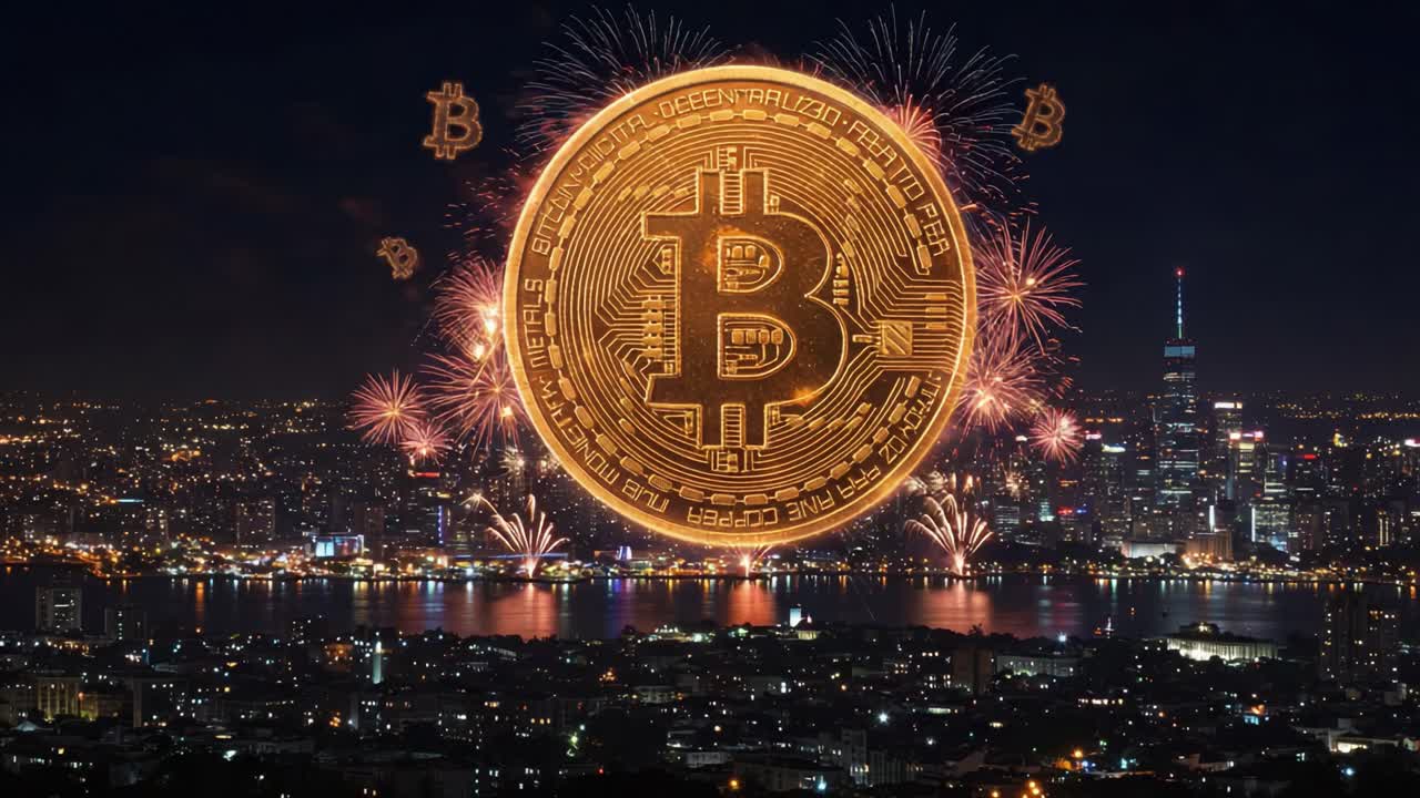 A Captivating Night Celebration Featuring Explosive Fireworks and a Giant Bitcoin Symbol Illuminating the City Skyline in a Dazzling Display of Digital Currency Enthusiasm