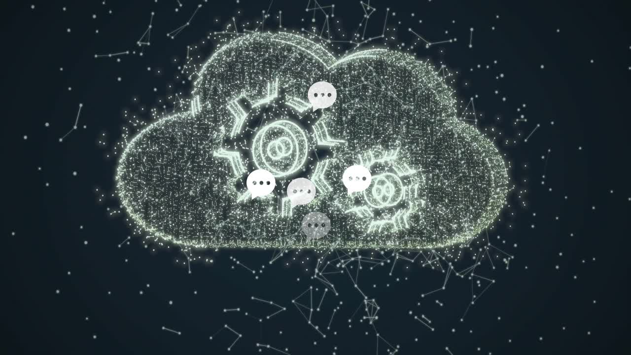 Drivende noder konvergerer til et skyikon, danner tandhjul og pulserende chatbobler, der visualiserer flow.