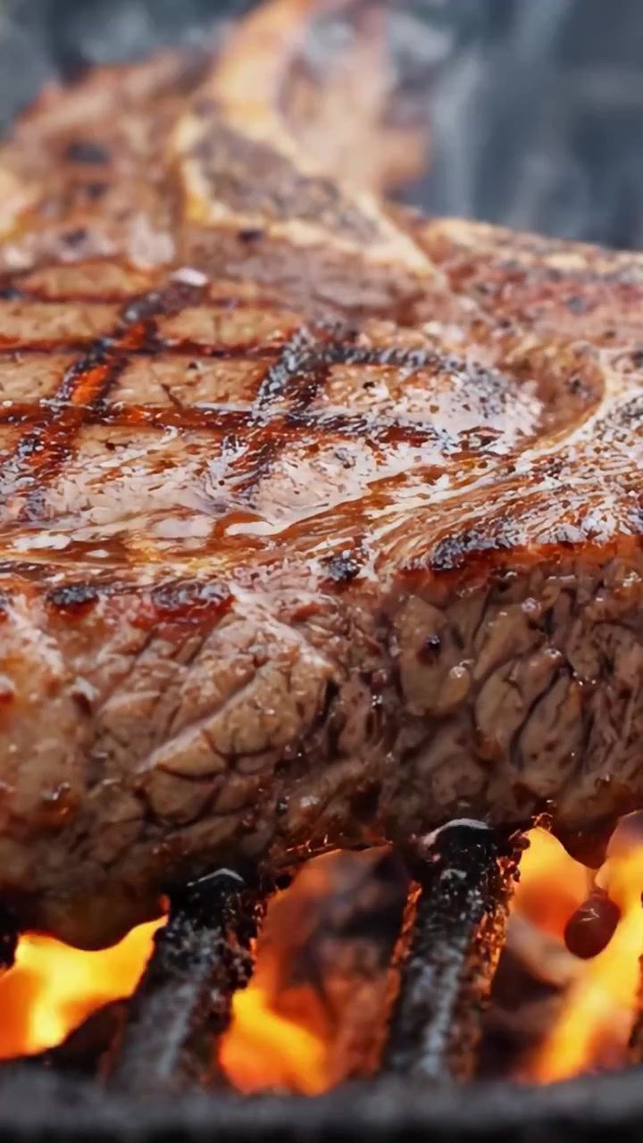 Sizzling Steak Cooking on a Grill: A Mouthwatering Display of Juicy Charred Perfection with Flames and Grill Marks Enhancing the Juiciness and Flavor of the Meat