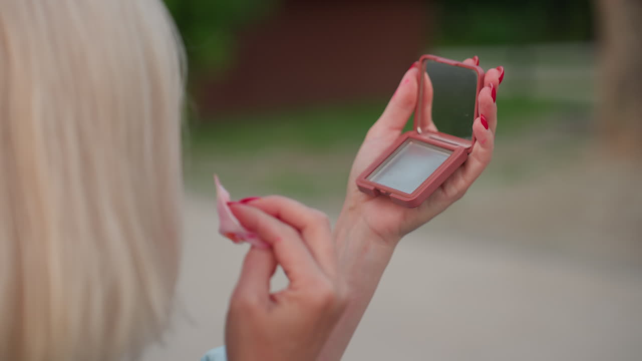 Bakifrån av en graciös kvinna som håller en liten kompakt spegel och försiktigt torkar bort neonfärgfläckar från näsa och kinder. Hon står vid flodkanten vid solnedgången utomhus, iklädd en jeansjacka, under den gyllene timmen vid vattnet.