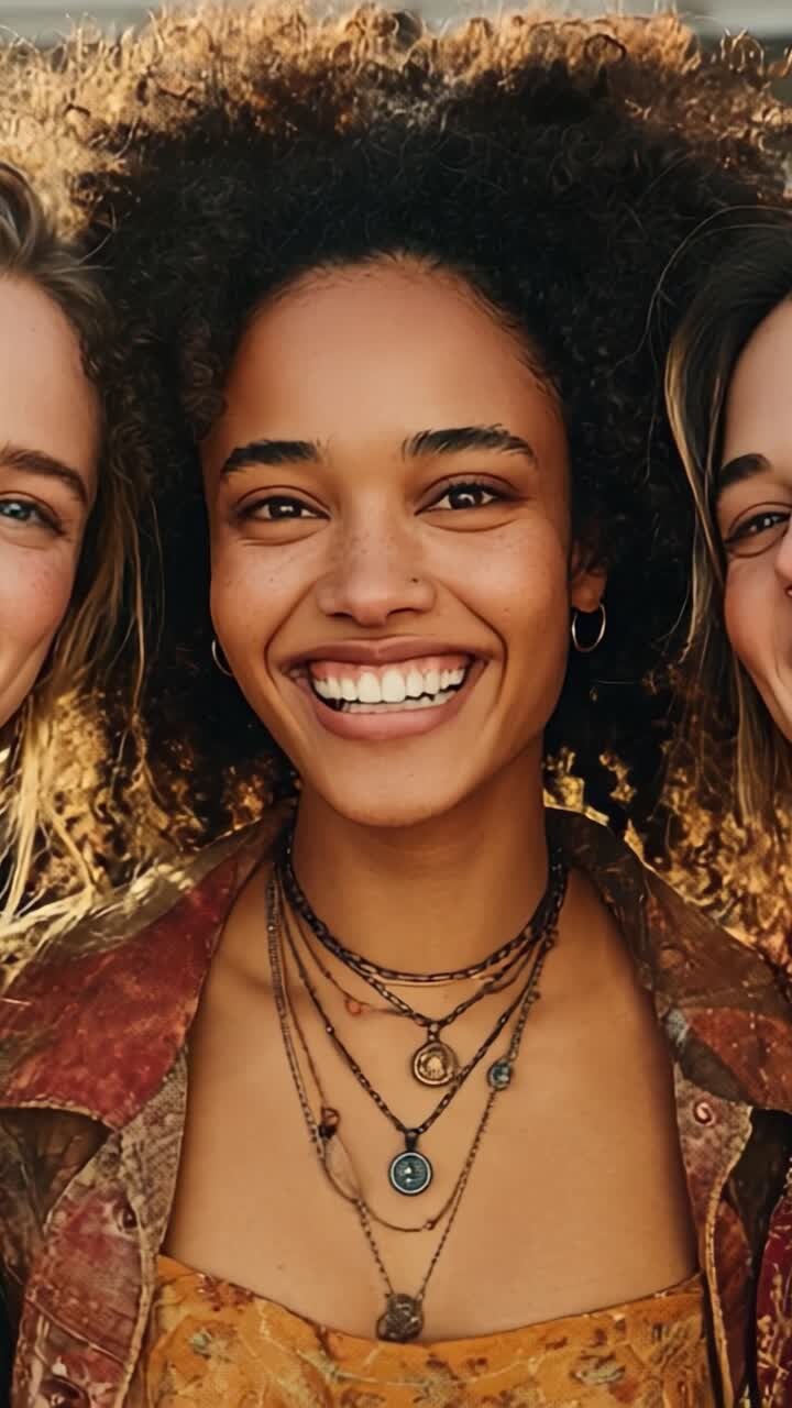 Catturare la gioia: un primo piano di un individuo sorridente circondato da amici, che irradia positività e stile con accessori unici e un'atmosfera calda